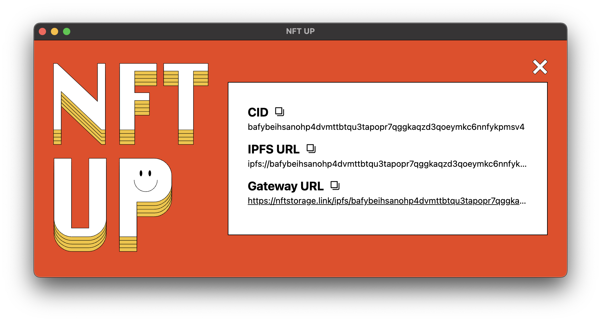 screenshot of file details showing CID, IPFS URL and Gateway URL